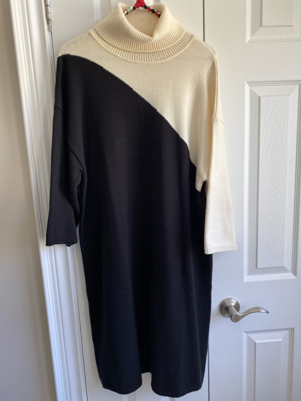 Anne Klein Black and Cream Diagonal Colorblock Turtleneck Midi Dress